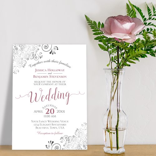 Silver Frills Elegant Dusty Rose on White Wedding Invitation