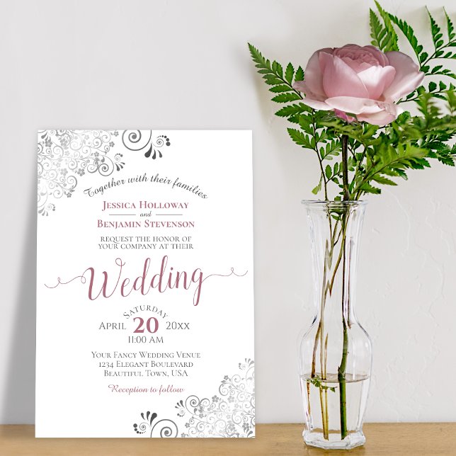 Silver Frills Elegant Dusty Rose on White Wedding Invitation (Creator Uploaded)