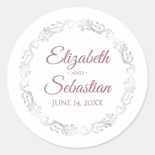 Silver Frills Elegant Dusty Rose  White Wedding Classic Round Sticker