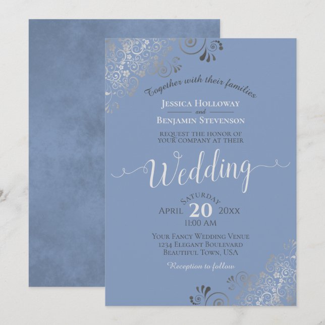 Silver Frills Elegant Gray on Light Blue Wedding Invitation (Front/Back)