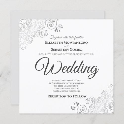 Silver Frills Elegant Gray  White Square Wedding Invitation