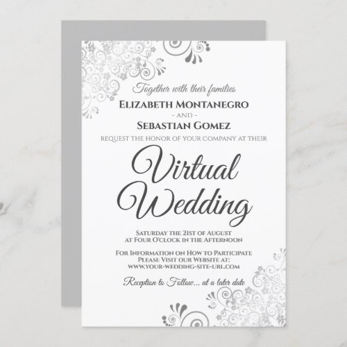 Silver Frills Elegant Gray  White Virtual Wedding Invitation