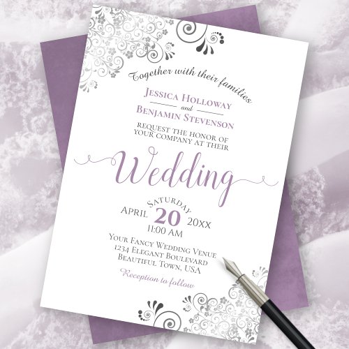 Silver Frills Elegant Lavender on White Wedding Invitation