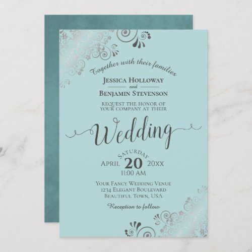 Silver Frills Elegant Mint Teal  Gray Wedding Invitation