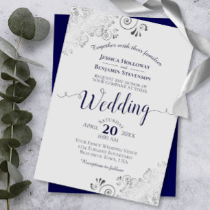 Silver Frills Elegant Navy Blue & Gray Wedding Invitation