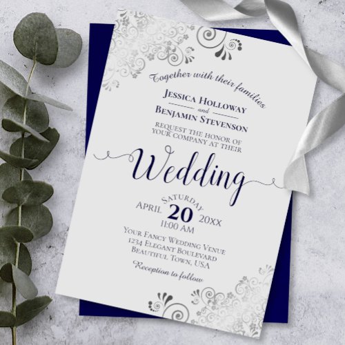 Silver Frills Elegant Navy Blue  Gray Wedding Invitation