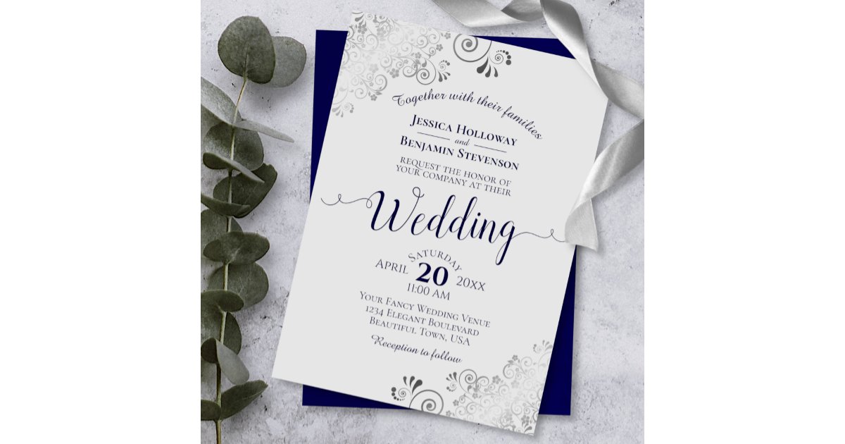 Silver Frills Elegant Navy Blue & Gray Wedding Invitation | Zazzle