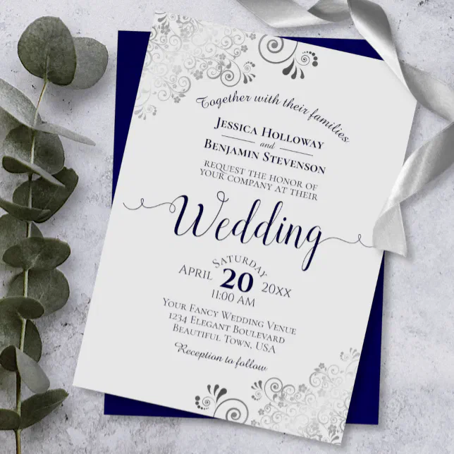Silver Frills Elegant Navy Blue & Gray Wedding Invitation | Zazzle