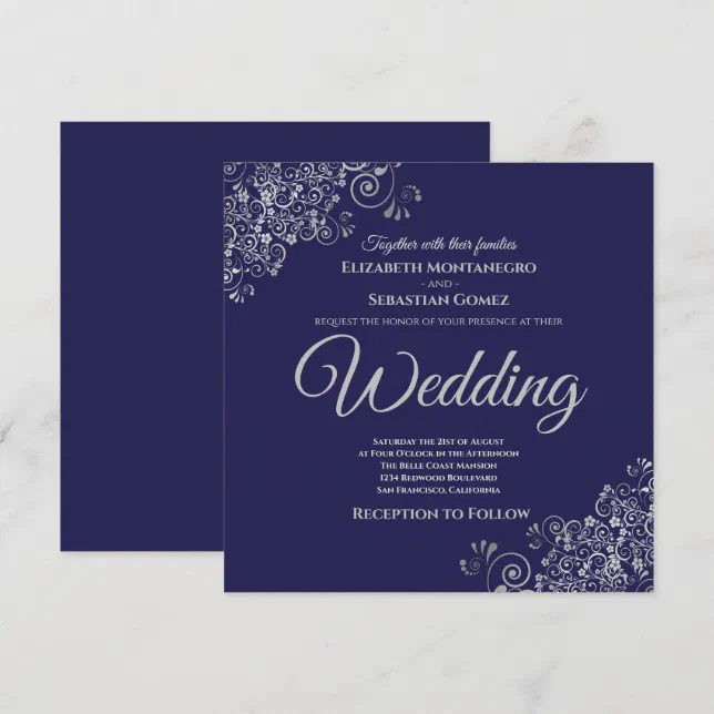 Silver Frills Elegant Navy Blue Square Wedding Invitation | Zazzle