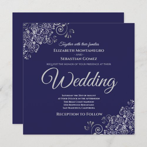 Silver Frills Elegant Navy Blue Square Wedding Invitation