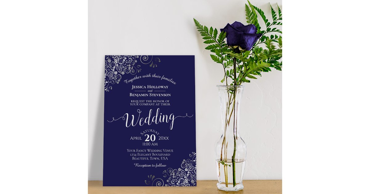 Silver Frills Elegant Navy Blue Wedding Invitation | Zazzle