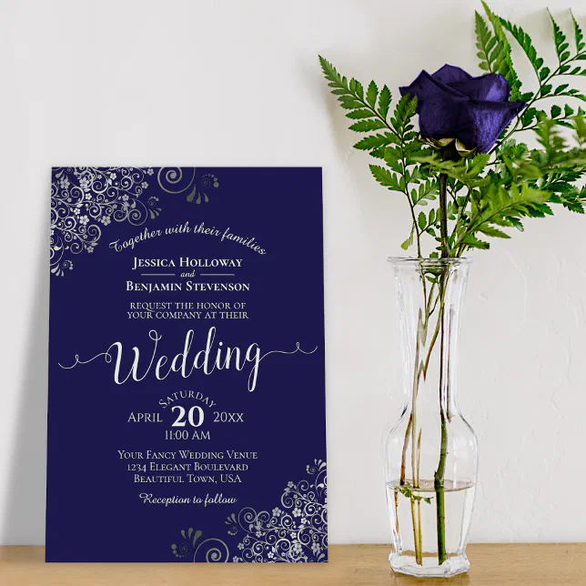 Silver Frills Elegant Navy Blue Wedding Invitation | Zazzle