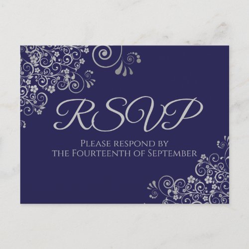 Silver Frills Elegant Navy Blue Wedding RSVP Postcard