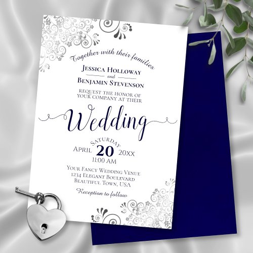 Silver Frills Elegant Navy Blue  White Wedding Invitation