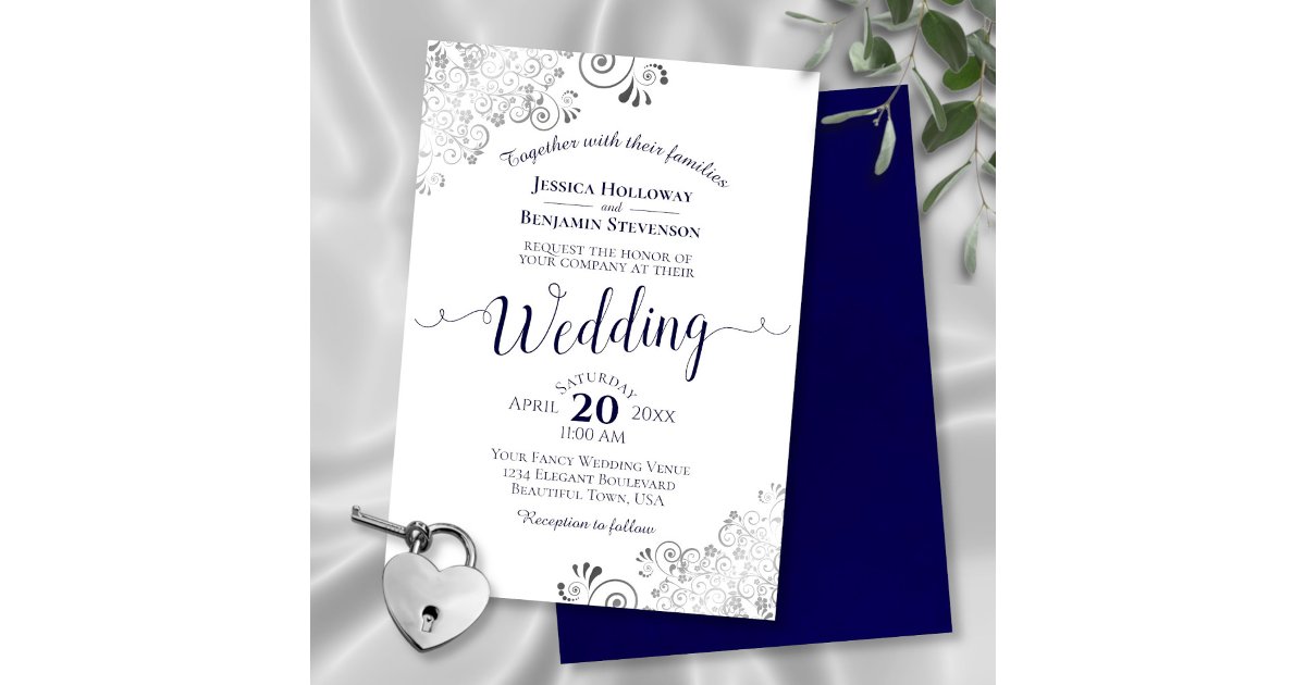 Silver Frills Elegant Navy Blue & White Wedding Invitation | Zazzle