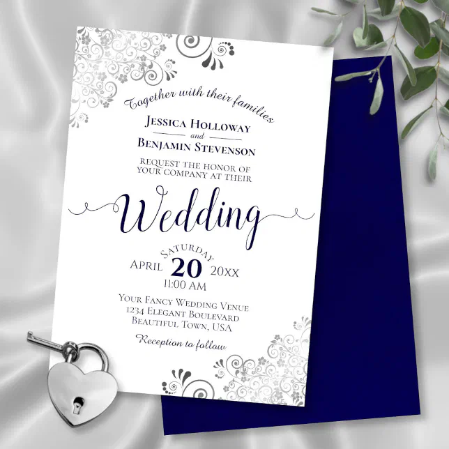 Silver Frills Elegant Navy Blue & White Wedding Invitation | Zazzle