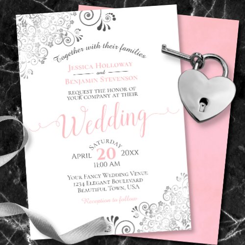 Silver Frills Elegant Pink  Gray on White Wedding Invitation