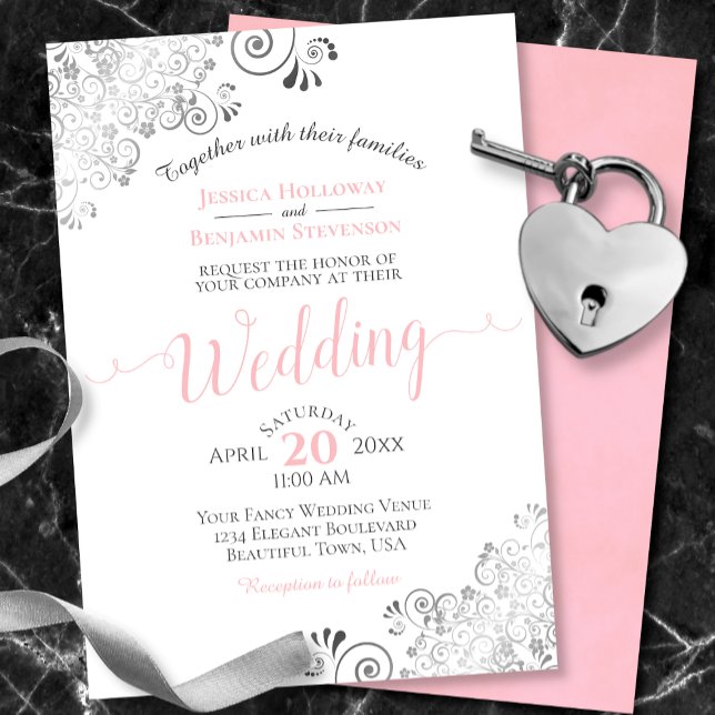 Silver Frills Elegant Pink & Gray on White Wedding Invitation (Creator Uploaded)