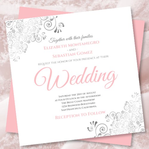 Silver Frills Elegant Pink  White Square Wedding Invitation