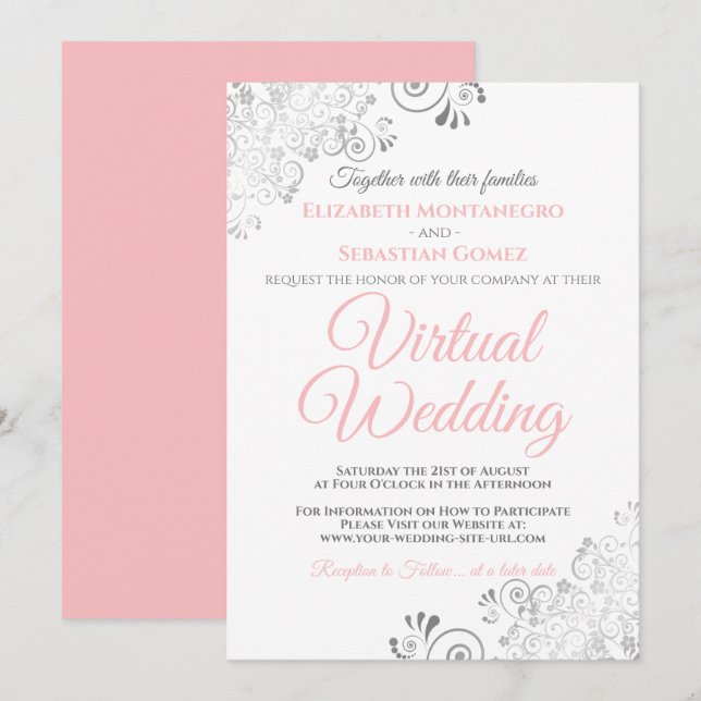 Silver Frills Elegant Pink & White Virtual Wedding Invitation (Front/Back)