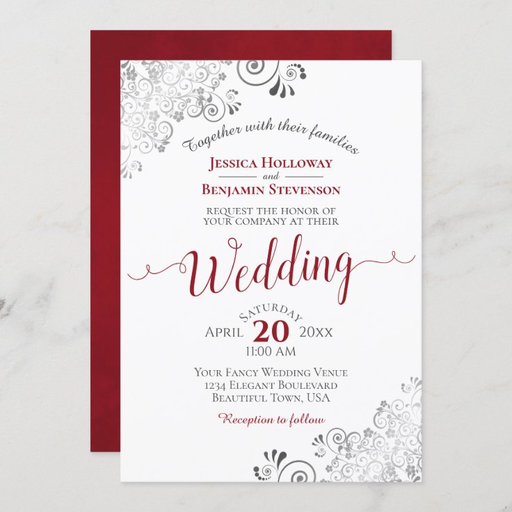 Silver Frills Elegant Red & Gray on White Wedding Invitation | Zazzle