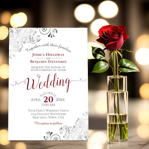 Silver Frills Elegant Red  Gray on White Wedding Invitation
