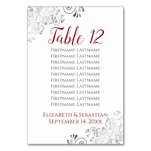 Silver Frills Elegant Red Wedding Seating Chart Table Number