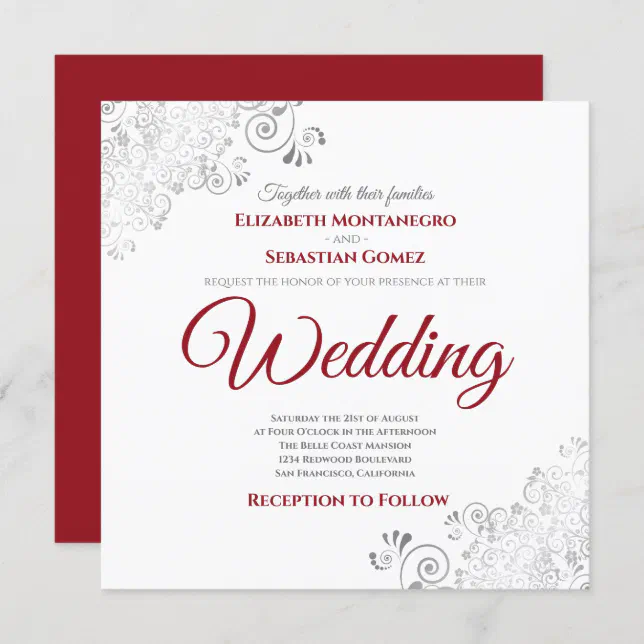 Silver Frills Elegant Red & White Square Wedding Invitation | Zazzle