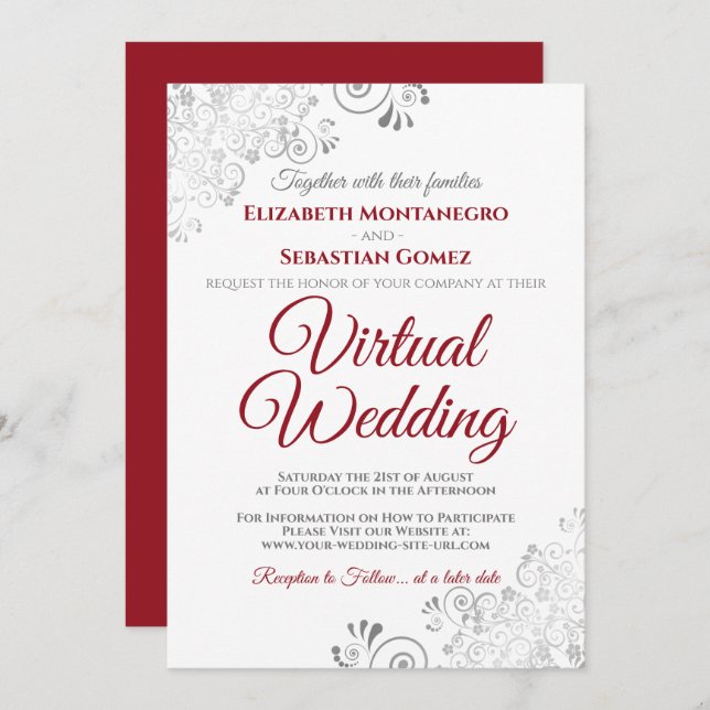 Silver Frills Elegant Red & White Virtual Wedding Invitation (Front/Back)