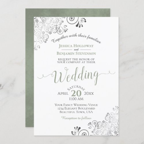 Silver Frills Elegant Sage Green on White Wedding Invitation