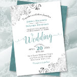 Silver Frills Elegant Teal & Gray on White Wedding Invitation<br><div class="desc">This beautiful wedding invitation features a simple yet elegant design with lacy script teal colored calligraphy on a white background and frilly silver gray faux foil filigree in the corners. The wording is formal,  but the layout is modern and stylish.</div>