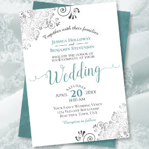 Silver Frills Elegant Teal & Gray on White Wedding Invitation