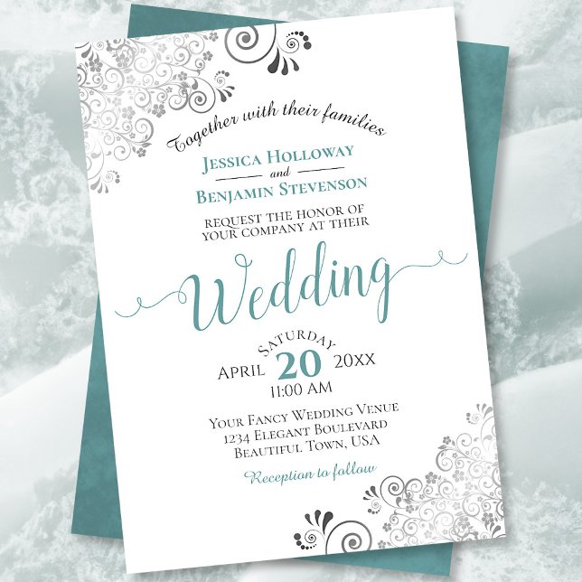 Silver Frills Elegant Teal & Gray on White Wedding Invitation (Creator Uploaded)