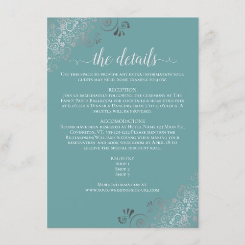 Silver Frills Elegant Teal Wedding Details Enclosure Card