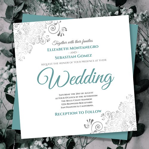 Silver Frills Elegant Teal  White Square Wedding Invitation