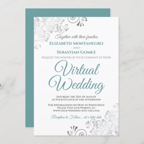 Silver Frills Elegant Teal  White Virtual Wedding Invitation
