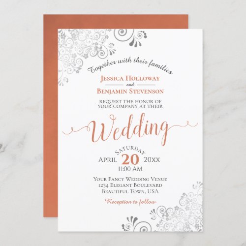 Silver Frills Elegant Terracotta on White Wedding Invitation
