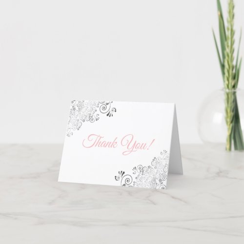 Silver Frills Elegant White  Pink Wedding Photo Thank You Card