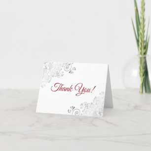 Silver Frills Elegant White & Red Script Wedding Thank You Card