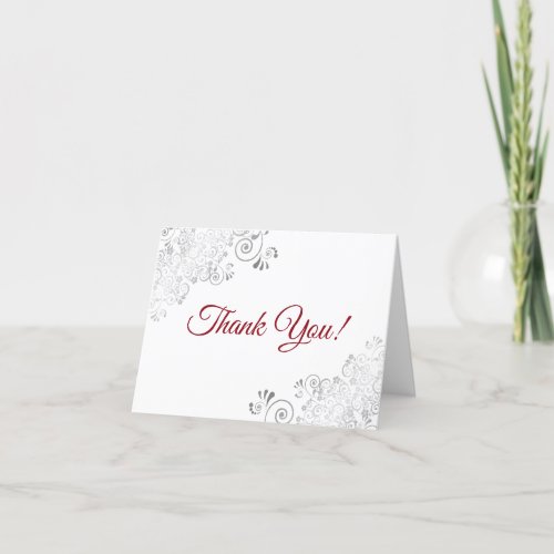 Silver Frills Elegant White  Red Script Wedding Thank You Card