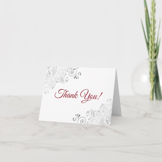 Silver Frills Elegant White & Red Script Wedding Thank You Card (Front)
