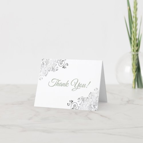 Silver Frills Elegant White  Sage Wedding Photo Thank You Card