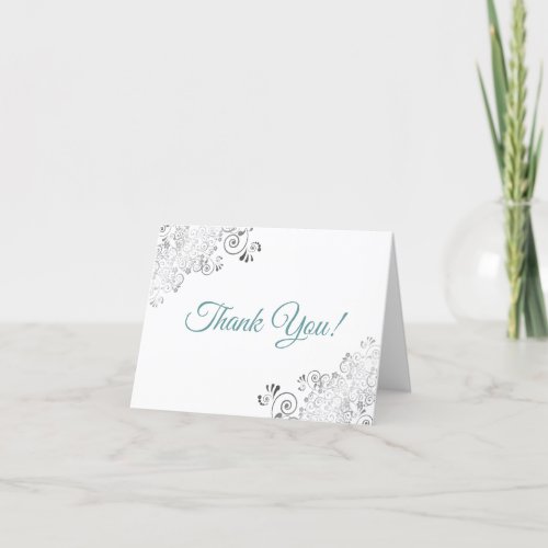 Silver Frills Elegant White  Teal Wedding Photo Thank You Card