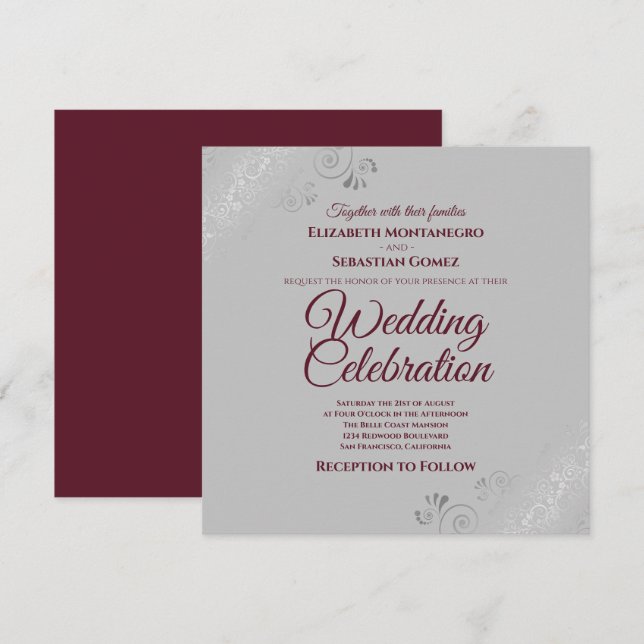 Silver Frills Gray Burguny Elegant Square Wedding Invitation (Front/Back)