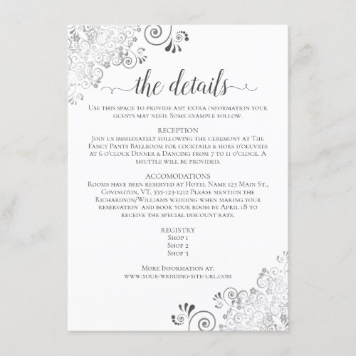 Silver Frills Gray on White Wedding Details Enclosure Card