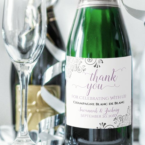 Silver Frills Lavender on White Wedding Thank You Sparkling Wine Label