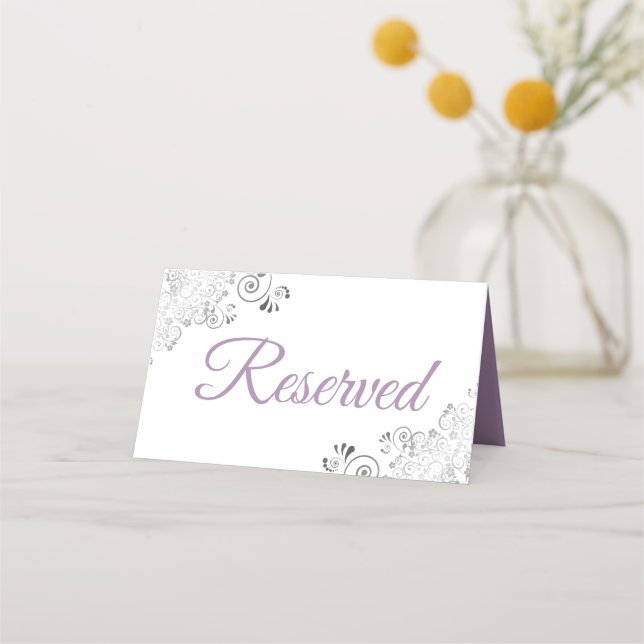 Silver Frills Lavender & White Wedding Reserved Place Card (Back)