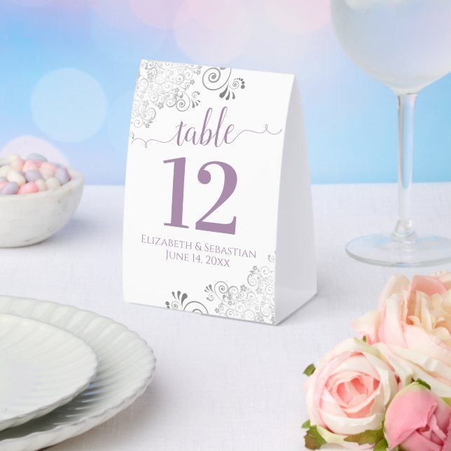 Silver Frills Lavender White Wedding Table Number Paper Table Tent (Insitu(Wedding))