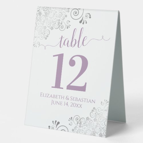 Silver Frills Lavender White Wedding Table Number Table Tent Sign
