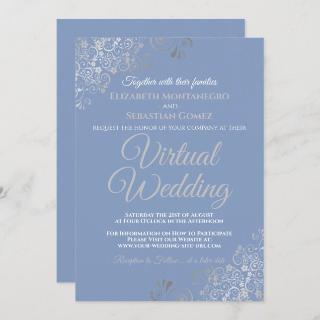 Silver Frills Light Blue and Gray Virtual Wedding Invitation (Front/Back)